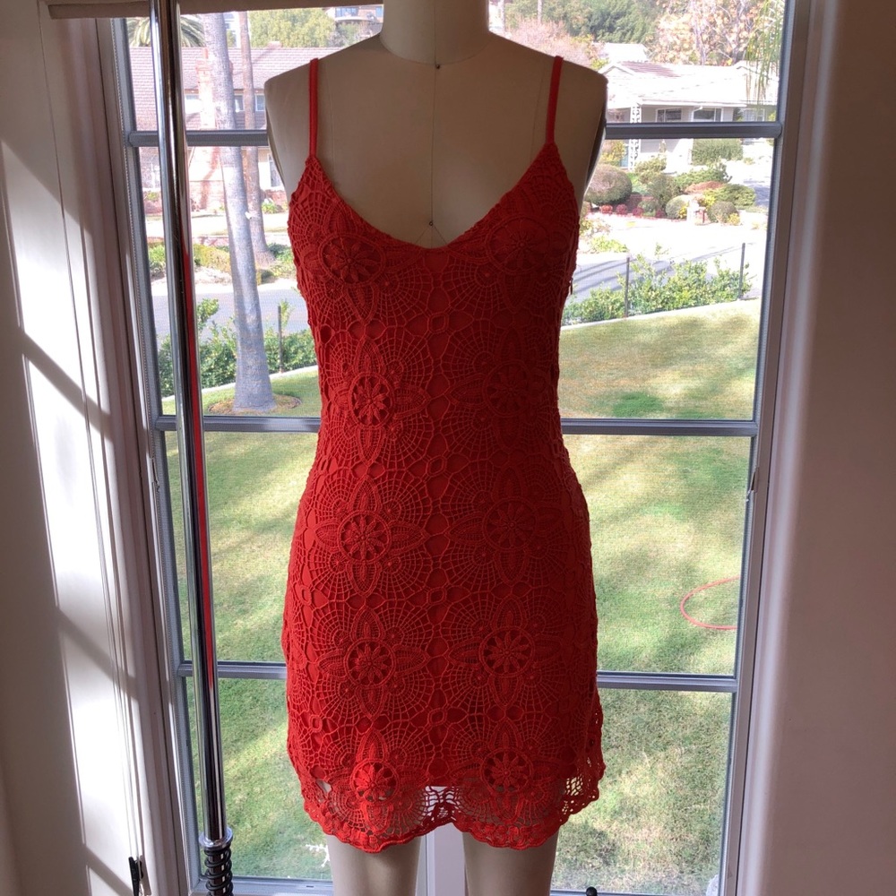 Neon orange crochet lace dress